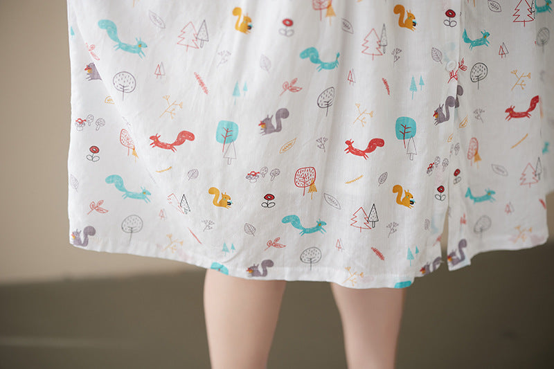 Literary Print Stand Collar Short Sleeve Midi Dress