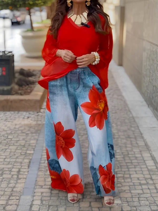 Loose Wide Leg Flower Print Jean Pants Bottoms Trousers