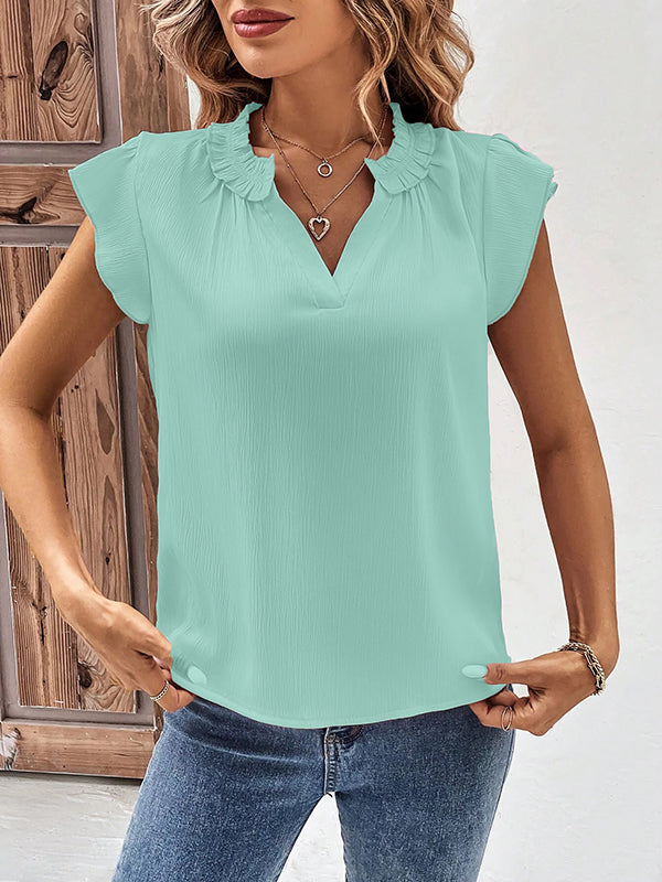 Loose Ruffle Sleeves Pleated Solid Color V-Neck T-Shirts Tops
