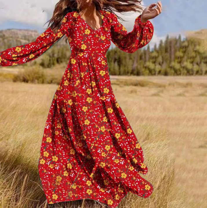 Bohemia Printed Long Sleeve V-Neck Maxi Dress