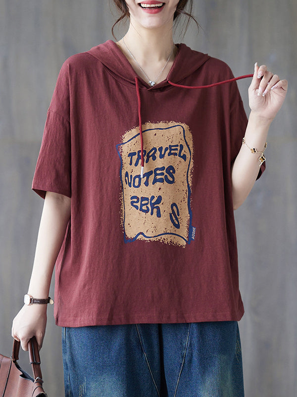 Casual Printed Hooded Short Sleeve T-shirt