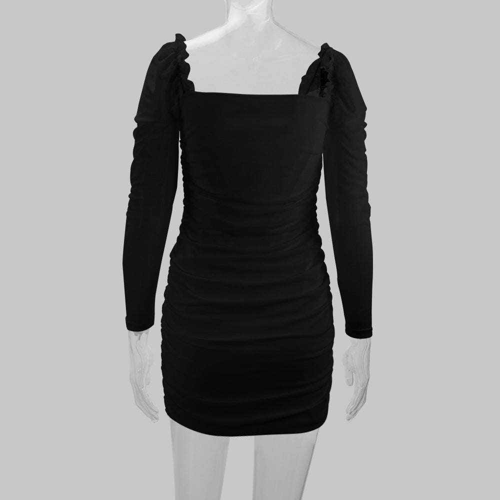 Women's hip skirt sexy square-neck mesh long sleeve dress