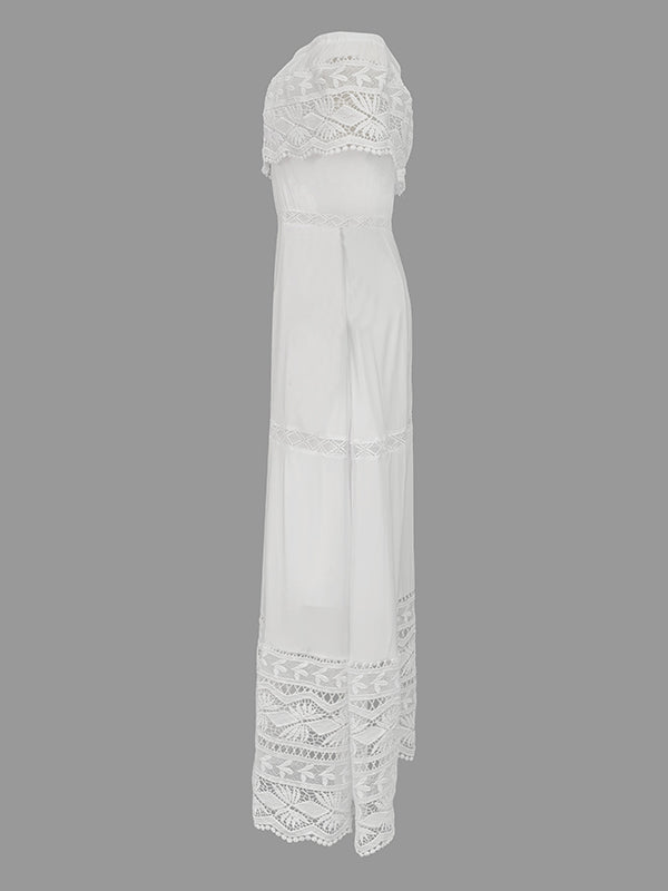 High Waisted Short Sleeves Hollow Solid Color Split-Joint Off-The-Shoulder Maxi Dresses