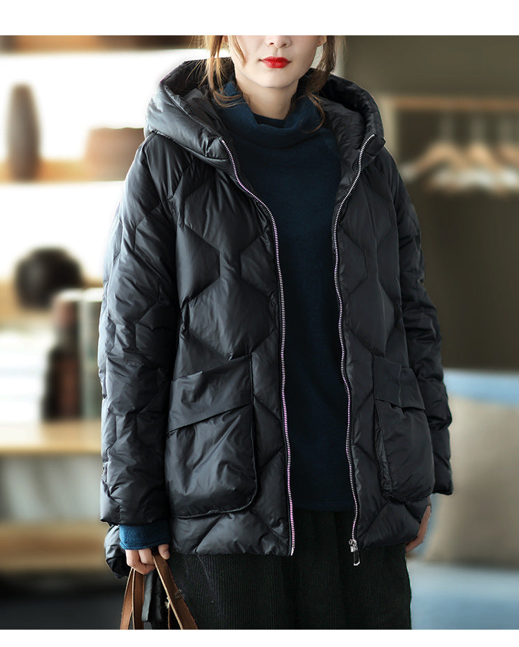 Loose Splicing Hooded Long Sleeve Thickened Down Jacket