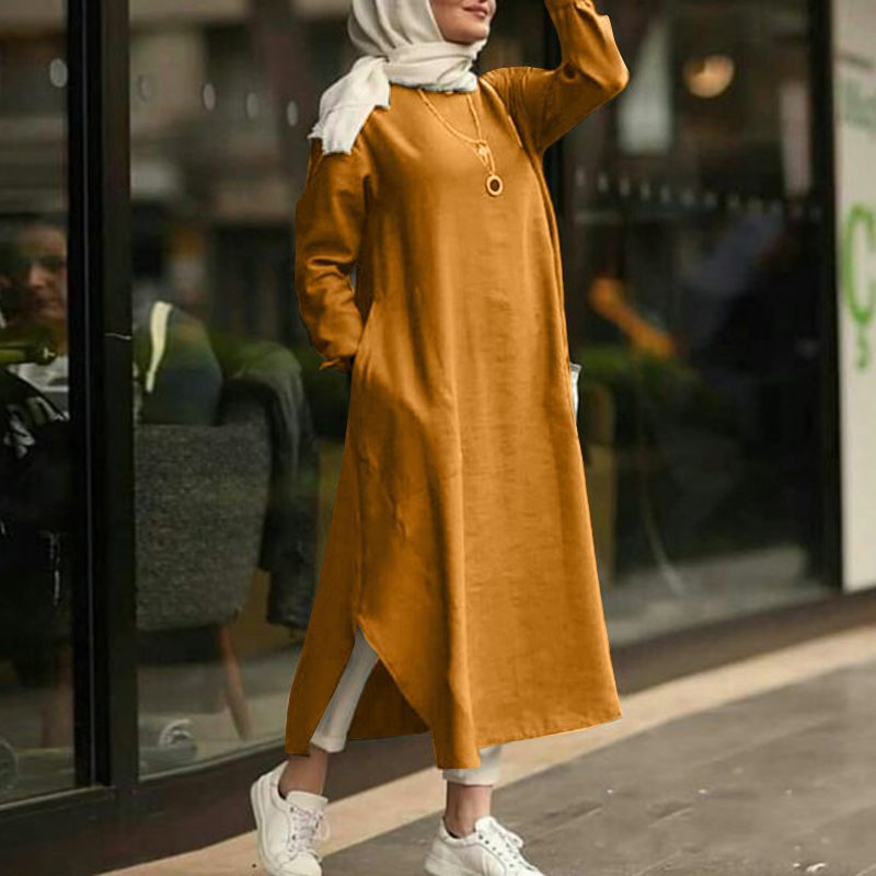 Simple Solid Color Long Sleeve Round Neck Midi Dress