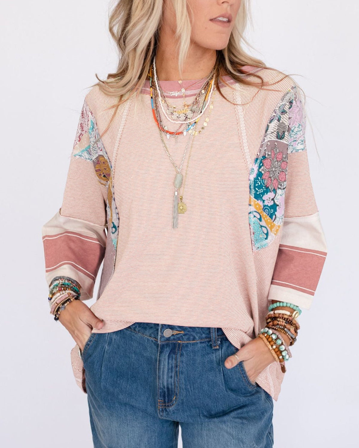 Striped and Floral Patchwork Oversized Top (Buy 2 Free Shipping)