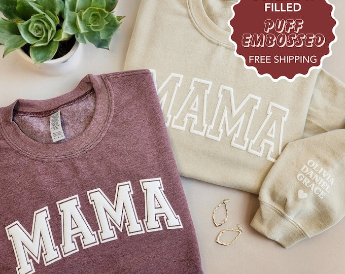 Mama Keepsake Sweatshirt with Puff .LetteringPersonalized Kid Names on Sleeve, Mama Sweater, New Mom Gift