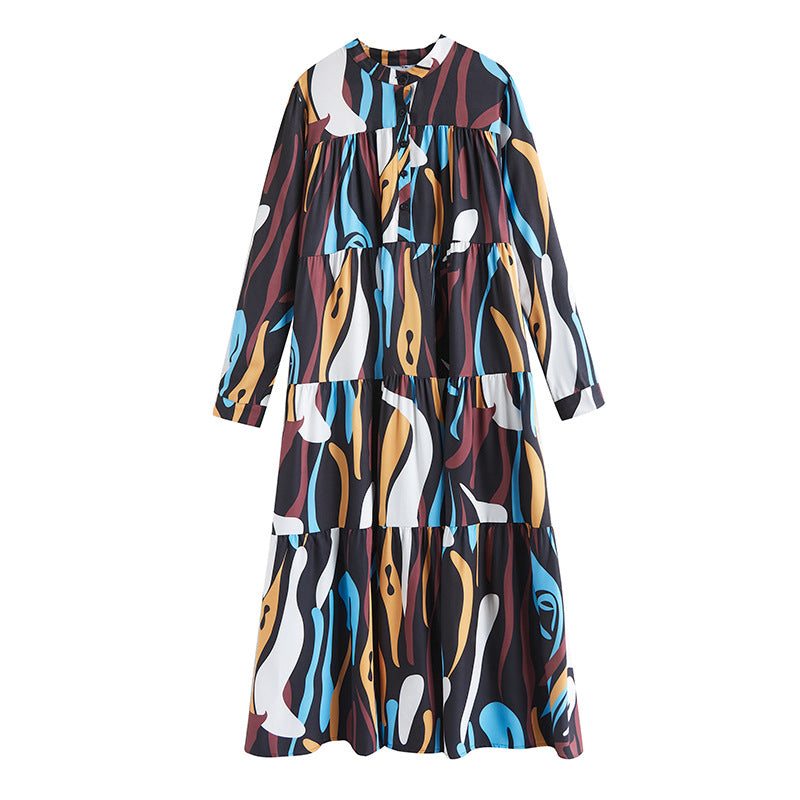 Loose Print Pleated Round Neck Midi Dress