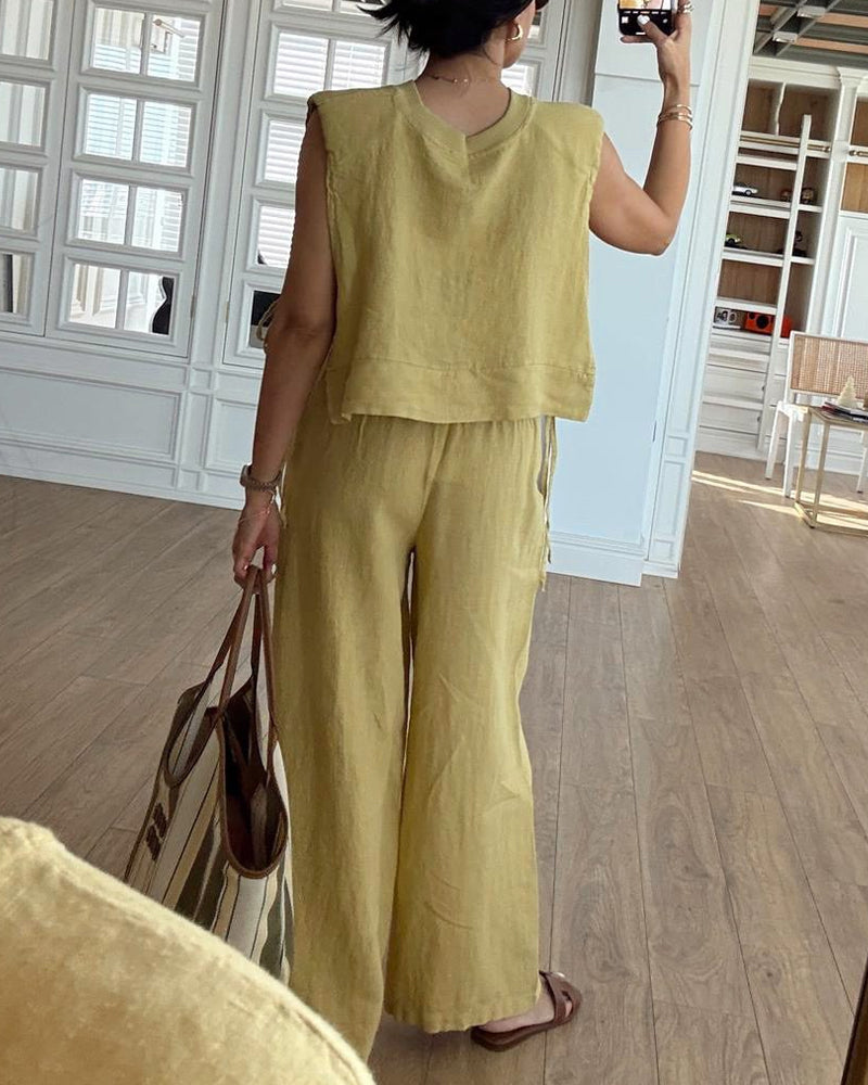 Casual Round Neck Lace-Up Sleeveless Top & Pants Two-Piece Set
