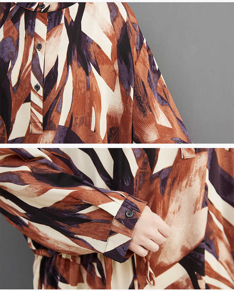 Casual Print Stand Collar Long Sleeve Midi Dress
