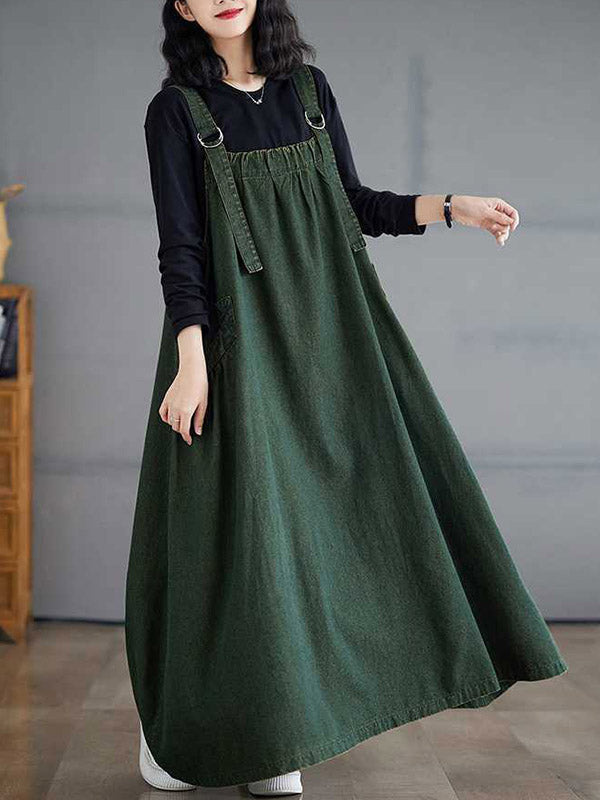 A-Line Loose Pleated Pockets Solid Color Split-Joint Spaghetti-Neck Suspender Dress
