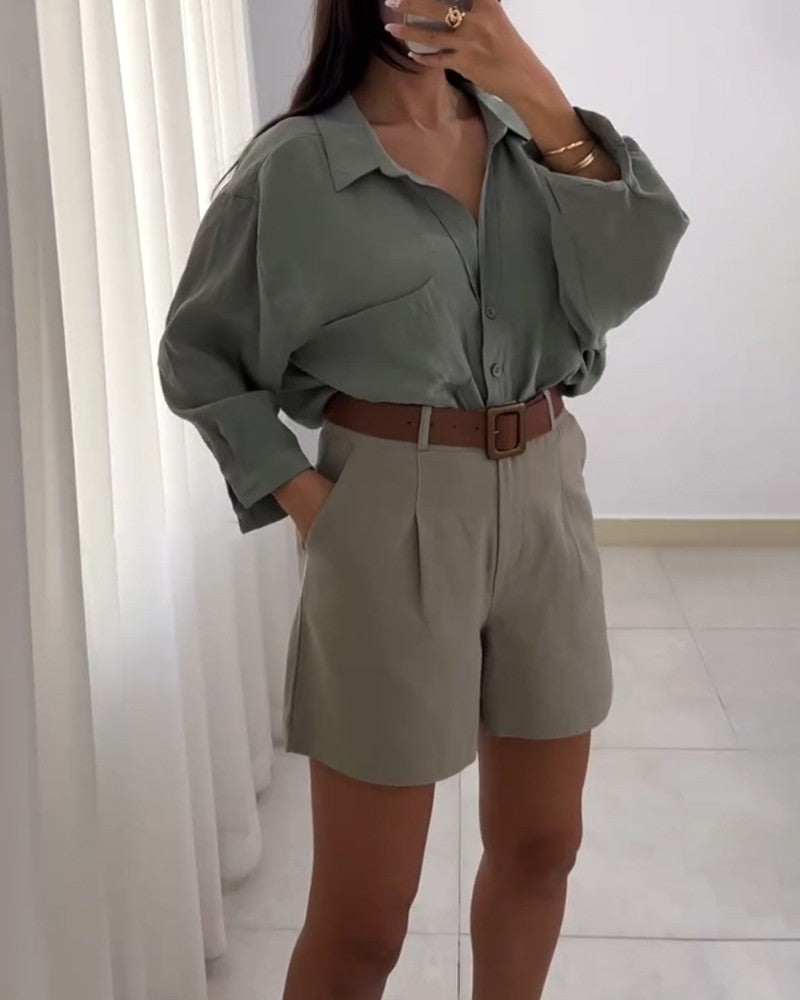 Casual Lapel Shirt & Shorts Two-piece Set (Without Belt)