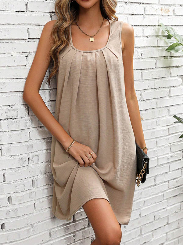 A-Line Loose Pleated Solid Color U-Neck Mini Dresses