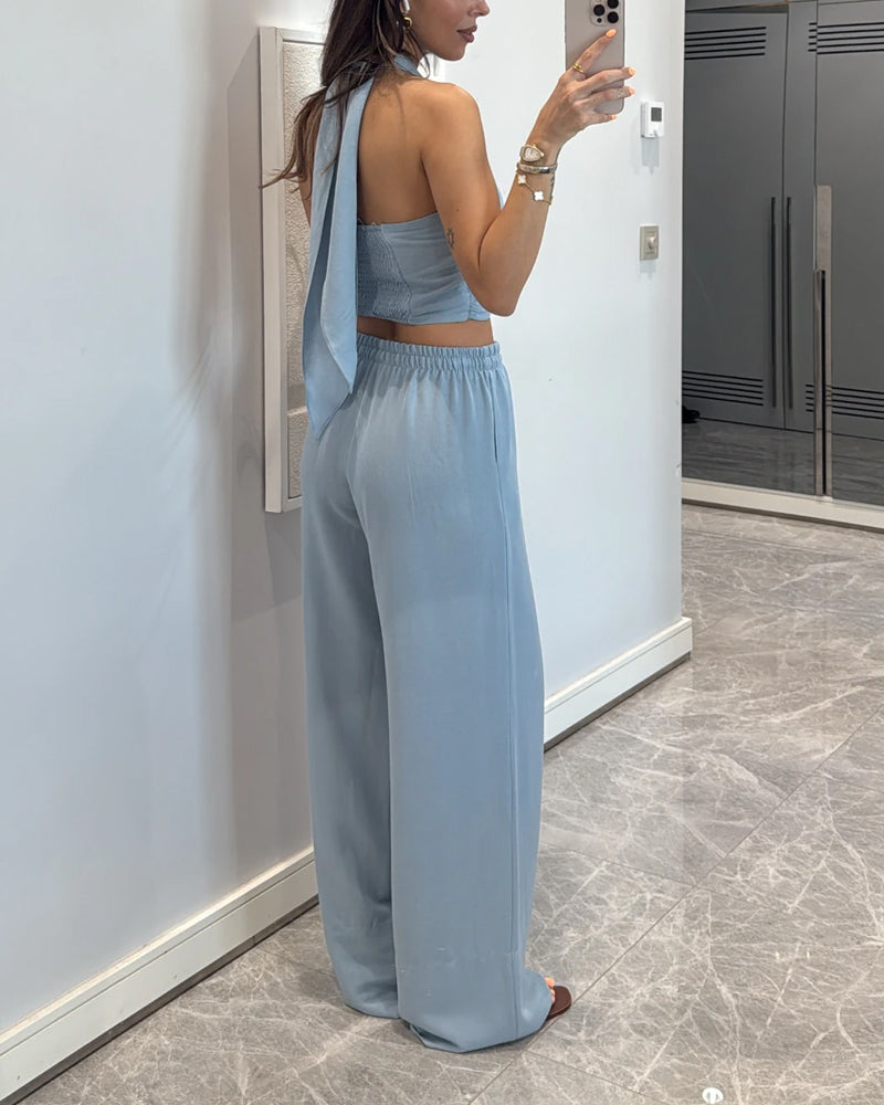 Casual Solid Color Lace-Up Top & Pants Two-Piece Set