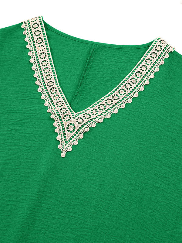 Short Sleeves Belted Split-Joint V-neck Mini Dresses