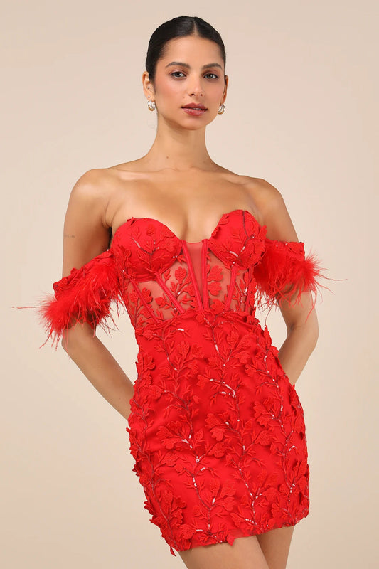 Red Mini Dress Sequin Embroidered Feather Dress