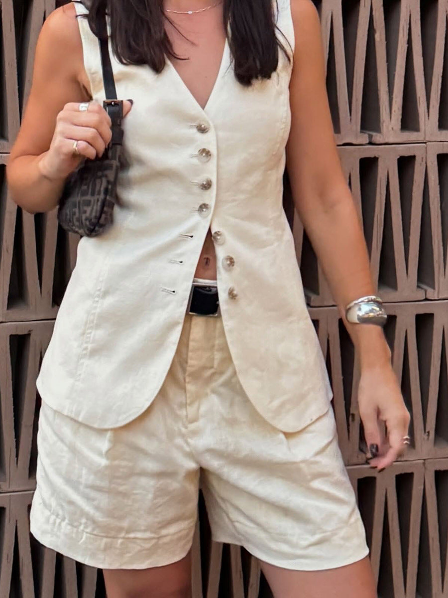 Fashion Solid Color Vest & Shorts Casual Suit
