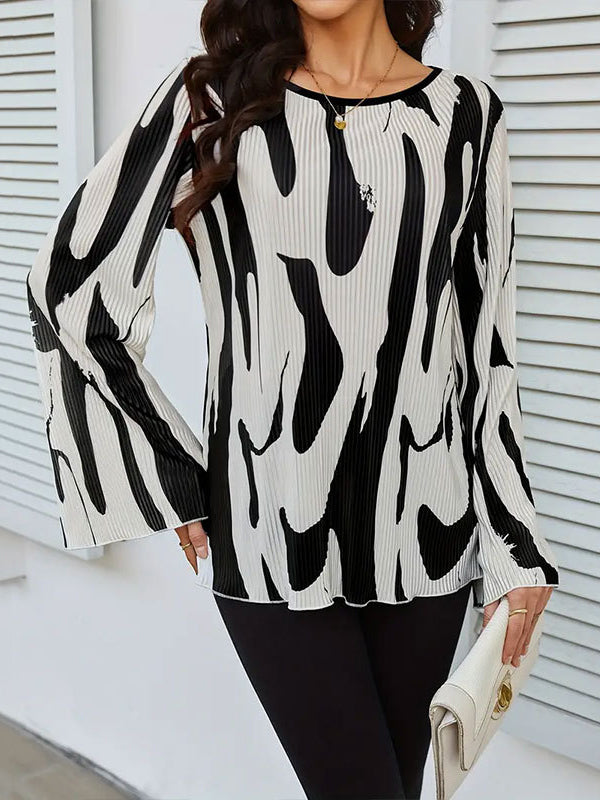 Flared Sleeves Loose Pleated Printed Split-Joint Round-Neck Blouses&Shirts Tops