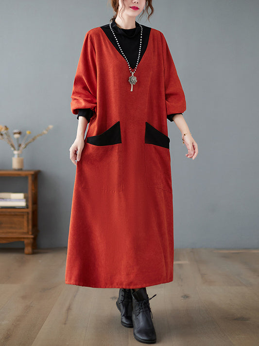 Literary Splicing Knit High Collar Midi Dress