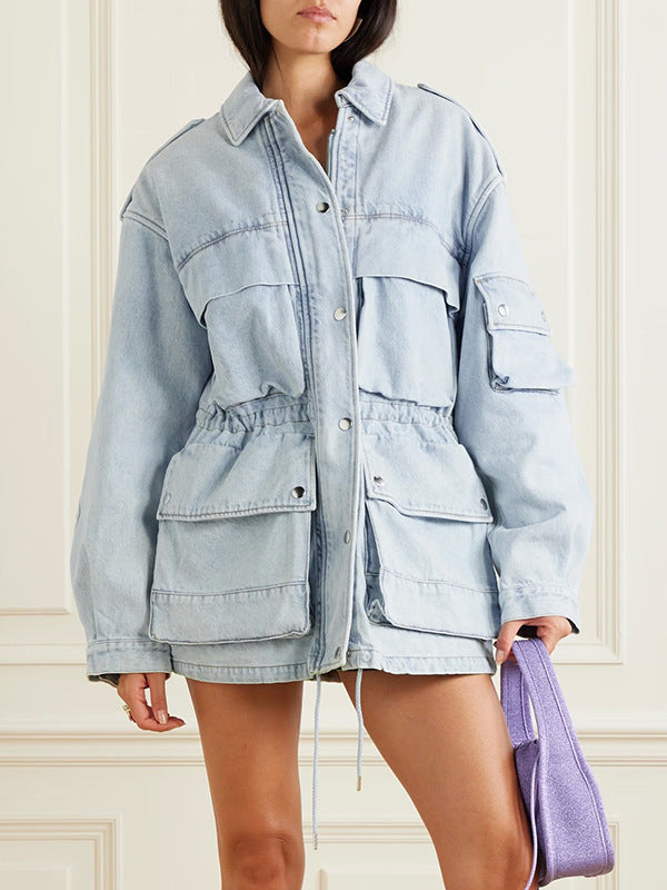 Long Sleeves Loose Buttoned Drawstring Pockets Split-Joint Lapel Outerwear