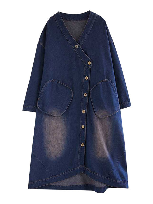 High-Low Long Sleeves Asymmetric Buttoned Pockets Split-Joint V-Neck Outerwear