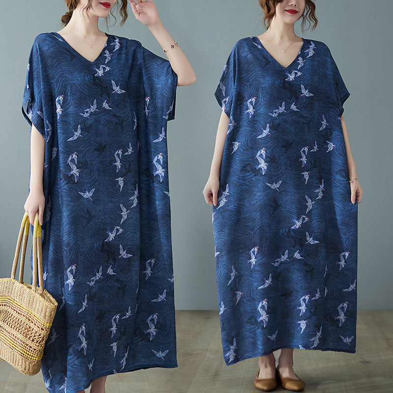 Vintage Print V-neck Short Sleeve Maxi Dress