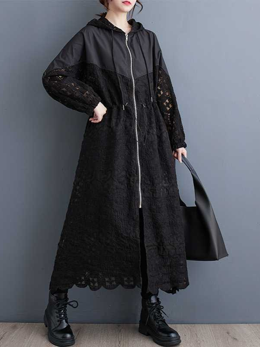Casual Spliced Hollow Lace Hooded Trench Coat