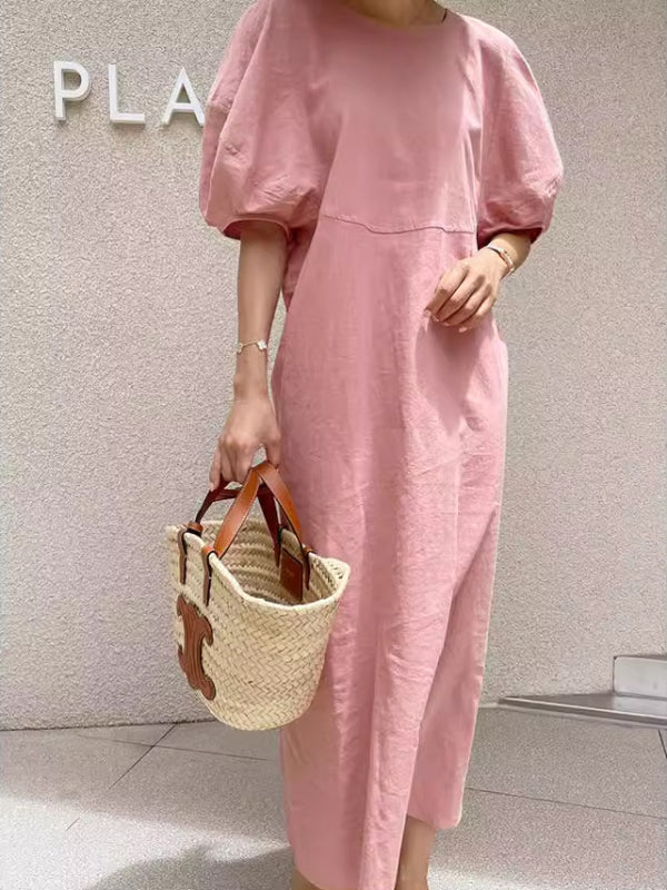 Vintage Lantern Sleeve Round Neck Cotton Linen Maxi Dress