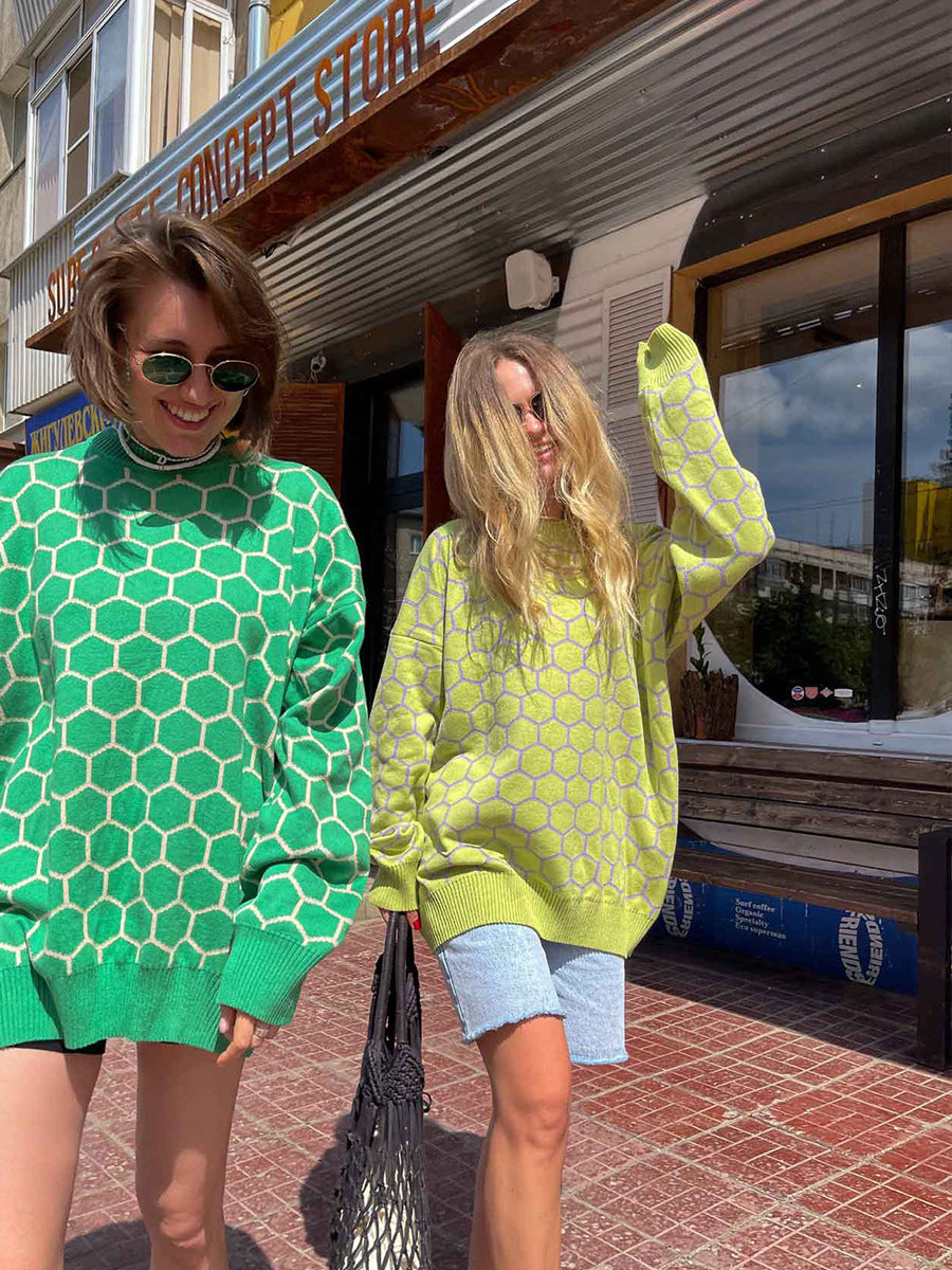 Round neck honey sweater autumn and winter loose plaid pullover round neck knitted women's top