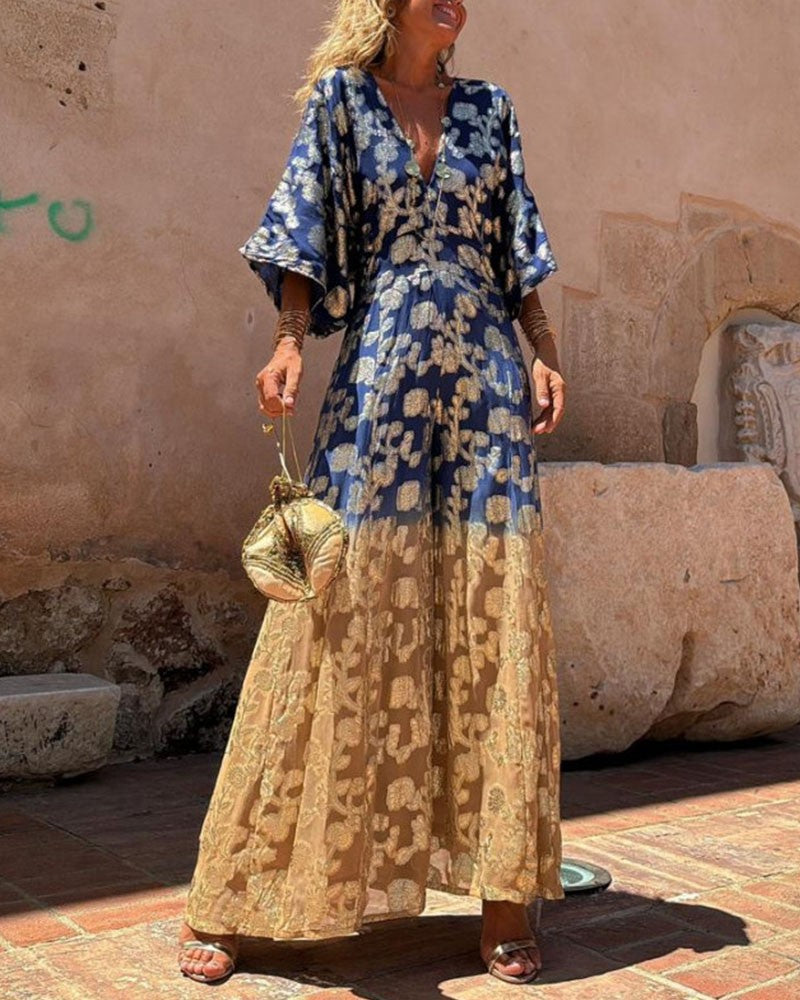 V-neck open back wide-leg jumpsuit