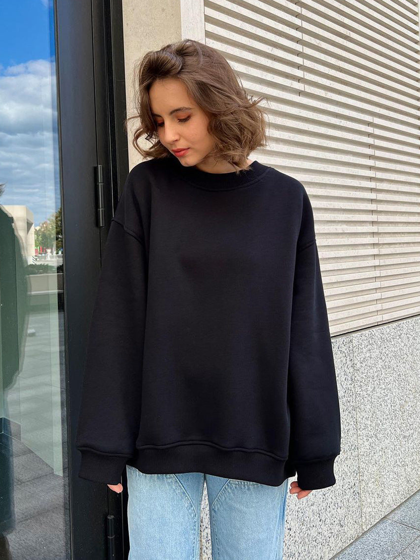 Round neck loose sweatshirt women's autumn winter Street solid color Oversize polar fleece pullover top