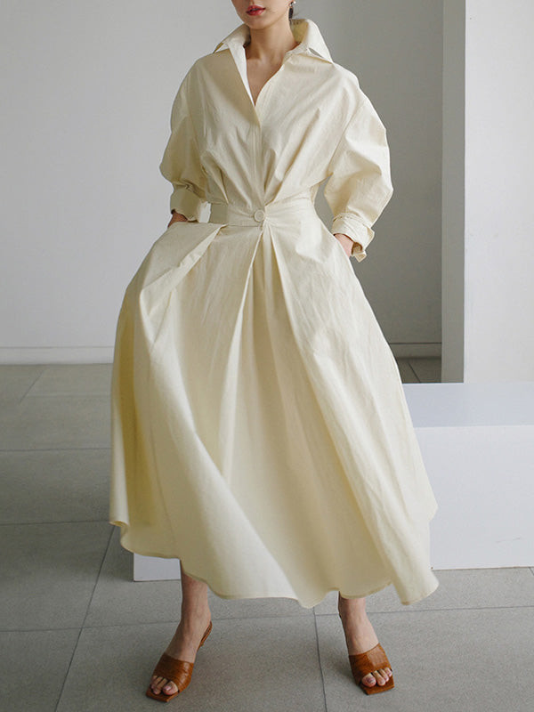 Long Sleeves Loose Buttoned Solid Color Lapel Midi Dresses