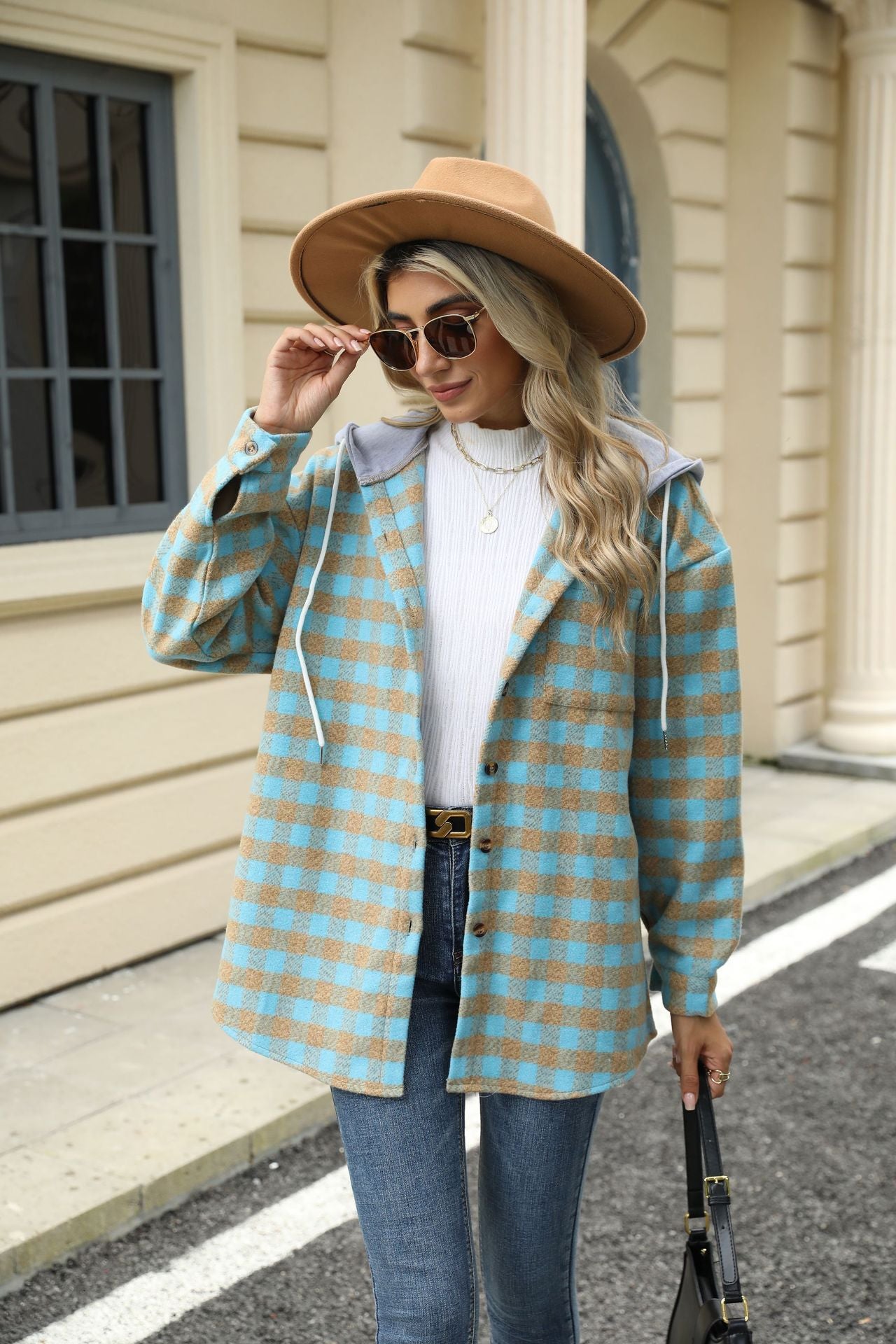 Autumn and Winter new women's hooded Plaid stitching top single-breasted woolen coat