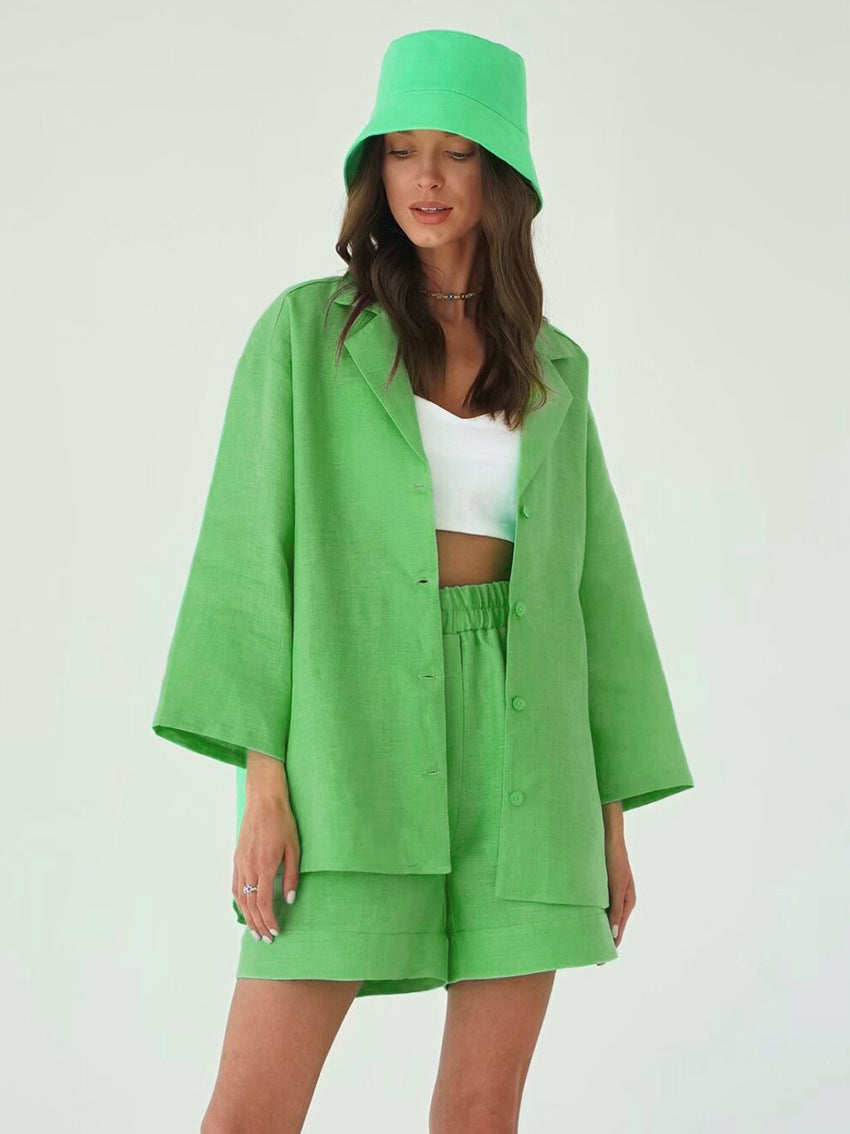 Cotton shorts suit women's lapel loose single-breasted Shirt high waist straight pants two-piece set