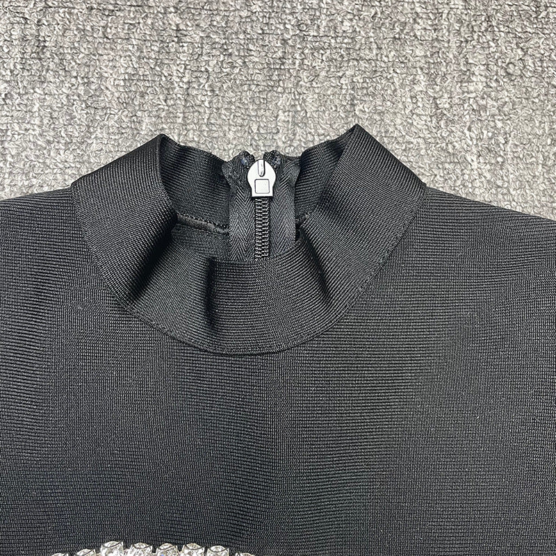 Bandage women's round neck long sleeve sexy cutout diamond color matching tight bandage one-piece dress evening dress