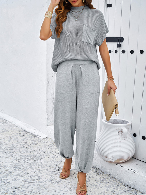 Loose Short Sleeves Contrast Color Pleated Pockets Mock Neck T-Shirt Top + Pants Bottom Two Pieces Set