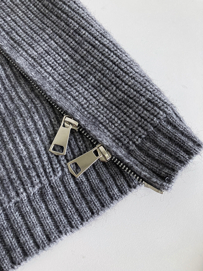 Casual Solid Color Zipper Turtleneck Knit Sweater