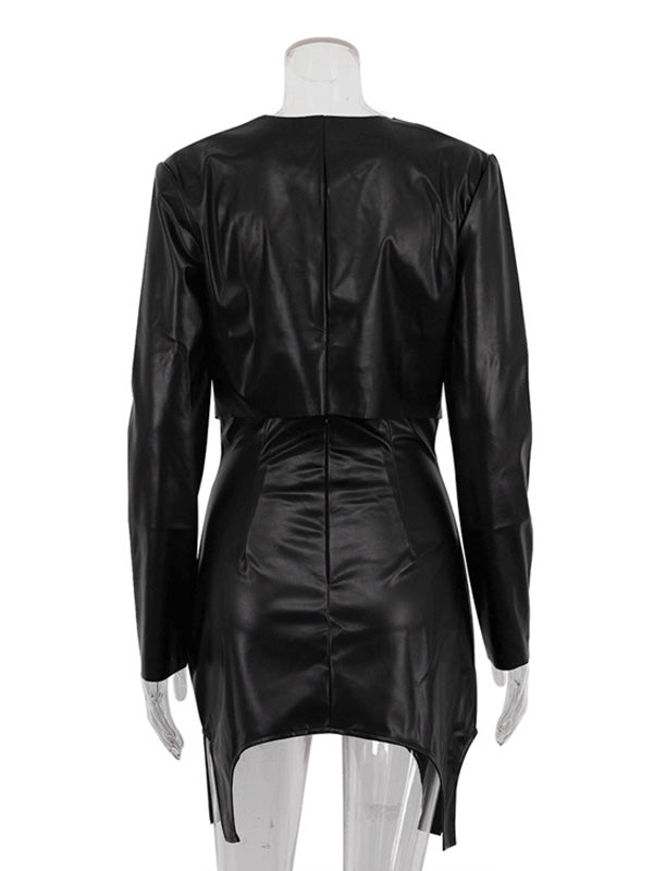 Solid Color Split-Joint Round-Neck T-Shirt Top + Zipper Bodycon High Waisted Skirts Bottom Two Pieces Set