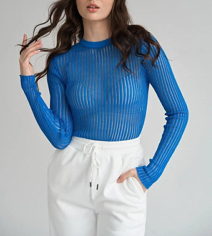 Hollow sweater Sexy Slim-fit cashmere round neck long sleeve thin sunken stripe women's pullover