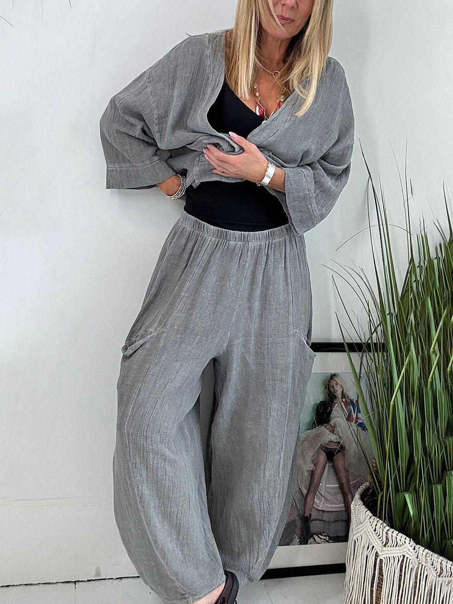 Cotton and linen mid-sleeve casual two-piece set