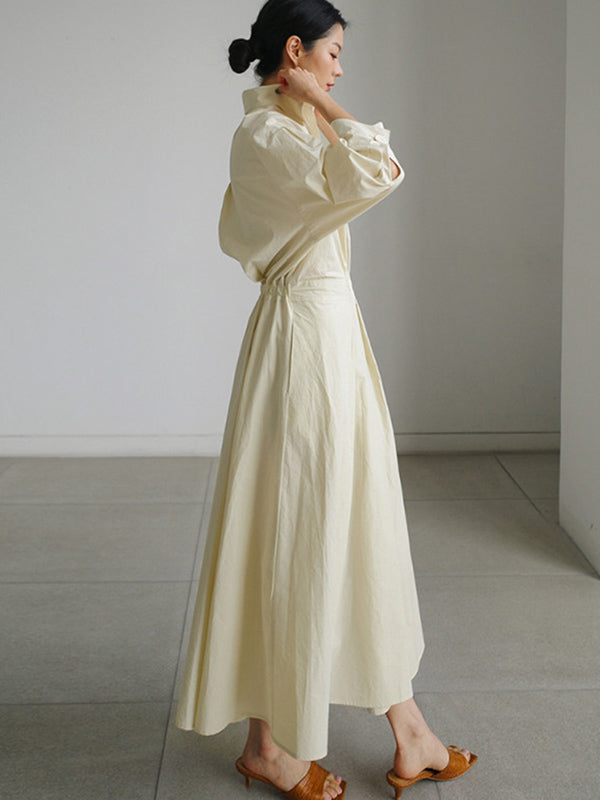 Long Sleeves Loose Buttoned Solid Color Lapel Midi Dresses