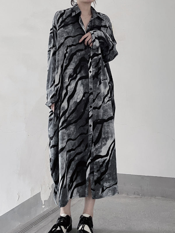 Vintage Tiger Stripe Dyed Long Sleeve Midi Dress