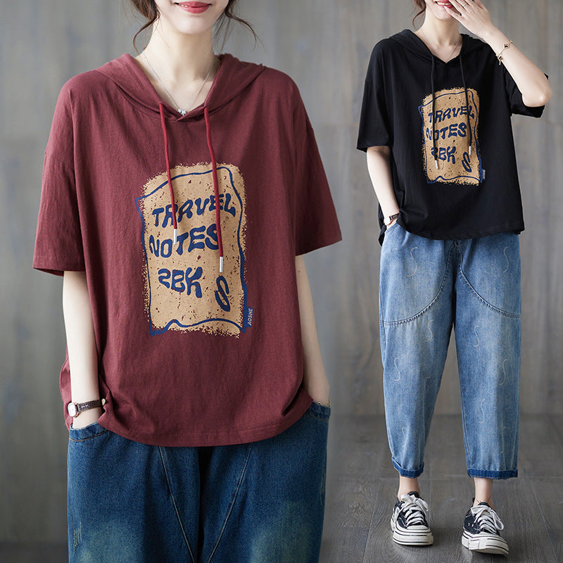 Casual Printed Hooded Short Sleeve T-shirt
