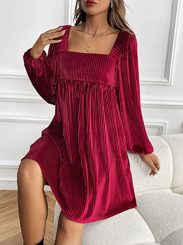 A-Line High Waisted Pockets Solid Color Split-Joint Velvet Square-Neck Mini Dresses