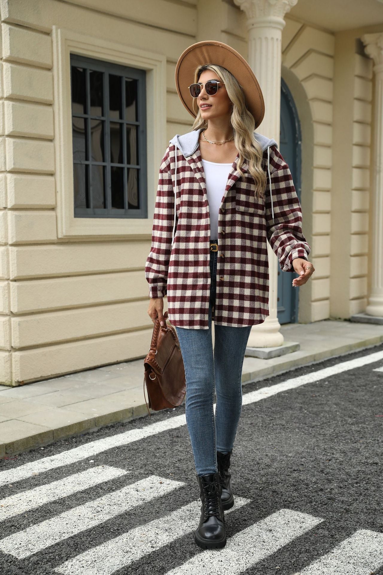 Autumn and Winter new women's hooded Plaid stitching top single-breasted woolen coat