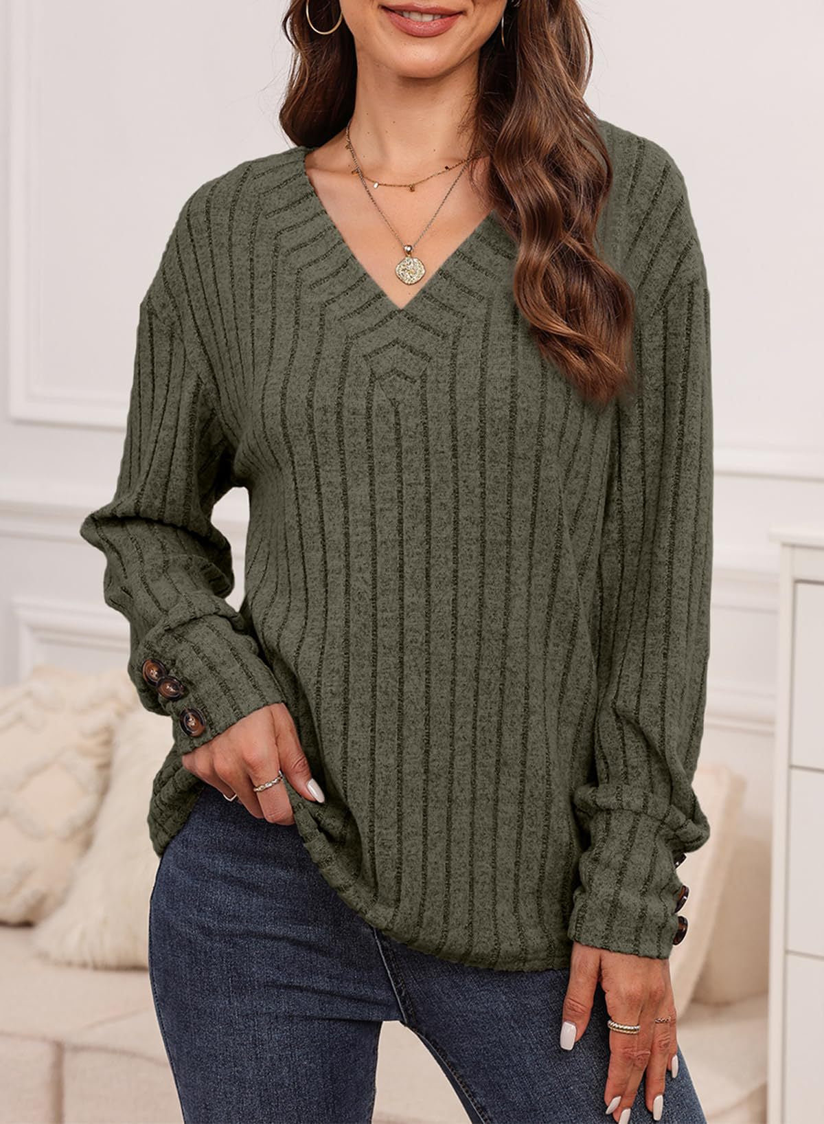 2024 autumn and winter women's long sleeve V-neck shirt solid color buttons T-shirt