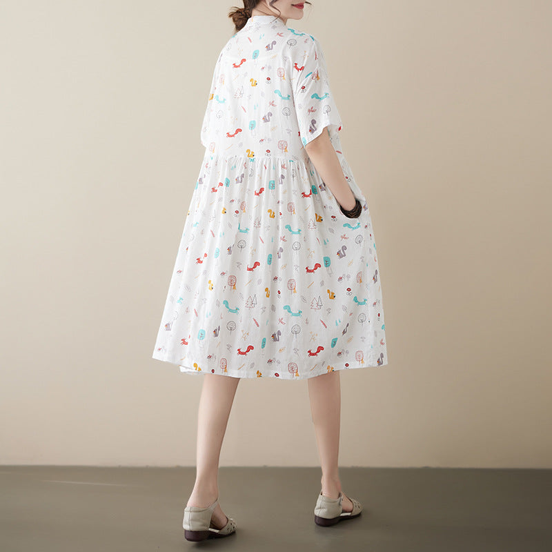 Literary Print Stand Collar Short Sleeve Midi Dress