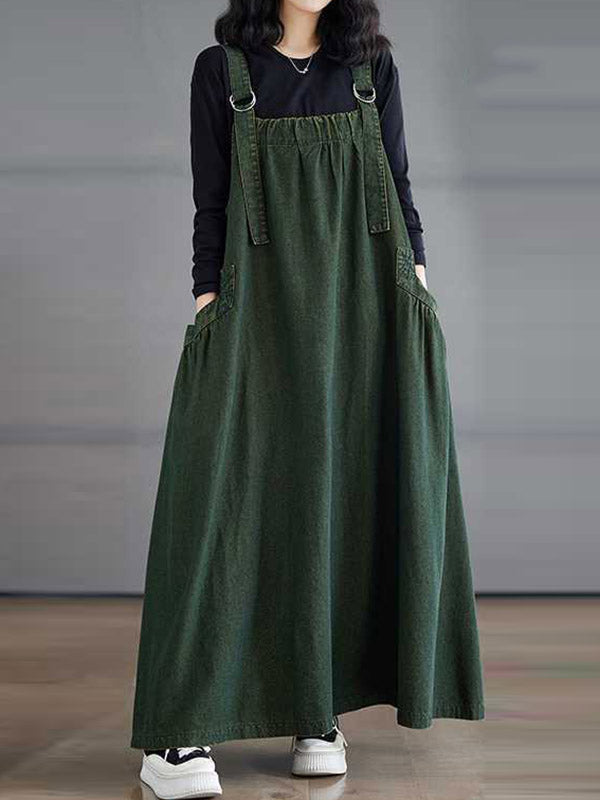 A-Line Loose Pleated Pockets Solid Color Split-Joint Spaghetti-Neck Suspender Dress