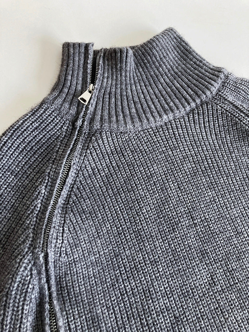 Casual Solid Color Zipper Turtleneck Knit Sweater