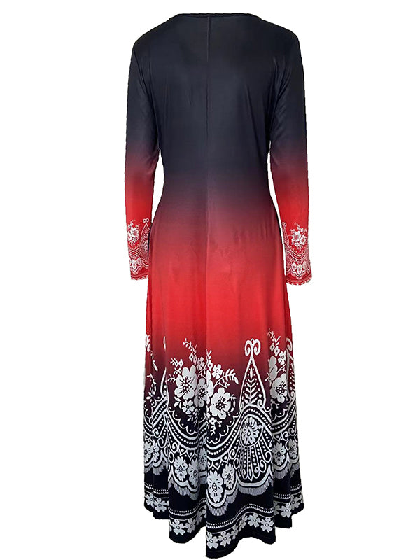 Long Sleeves Contrast Color Floral Printed Round-neck Maxi Dresses